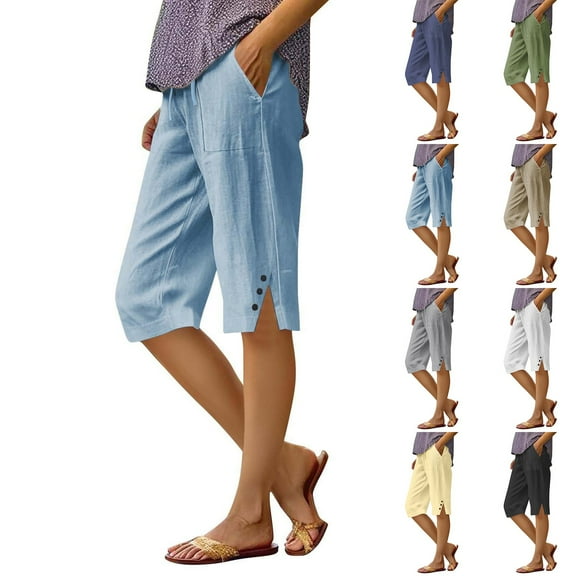 EANJE Pedal Pushers for Women Linen Capri Pants Dressy Casual Knee Length Drawstring Elastic Waist Knee Length Shorts Trendy Summer Linen Capri Pants with Pockets Black L
