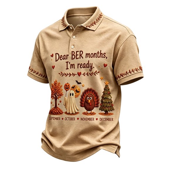 EANJE Polo Shirts for Men I'm Ready for The BER Months Print Shirt Short Sleeve Collared Shirts, Fall Halloween Thanksgiving Christmas Casual Golf Shirt Khaki M