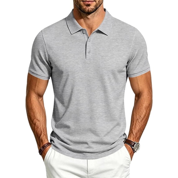 EANJE Polo Shirts for Men Waffle Short Sleeve Golf Shirts Casual 3 Buttons Solid Color Collared T Shirts Tops Light Gray M