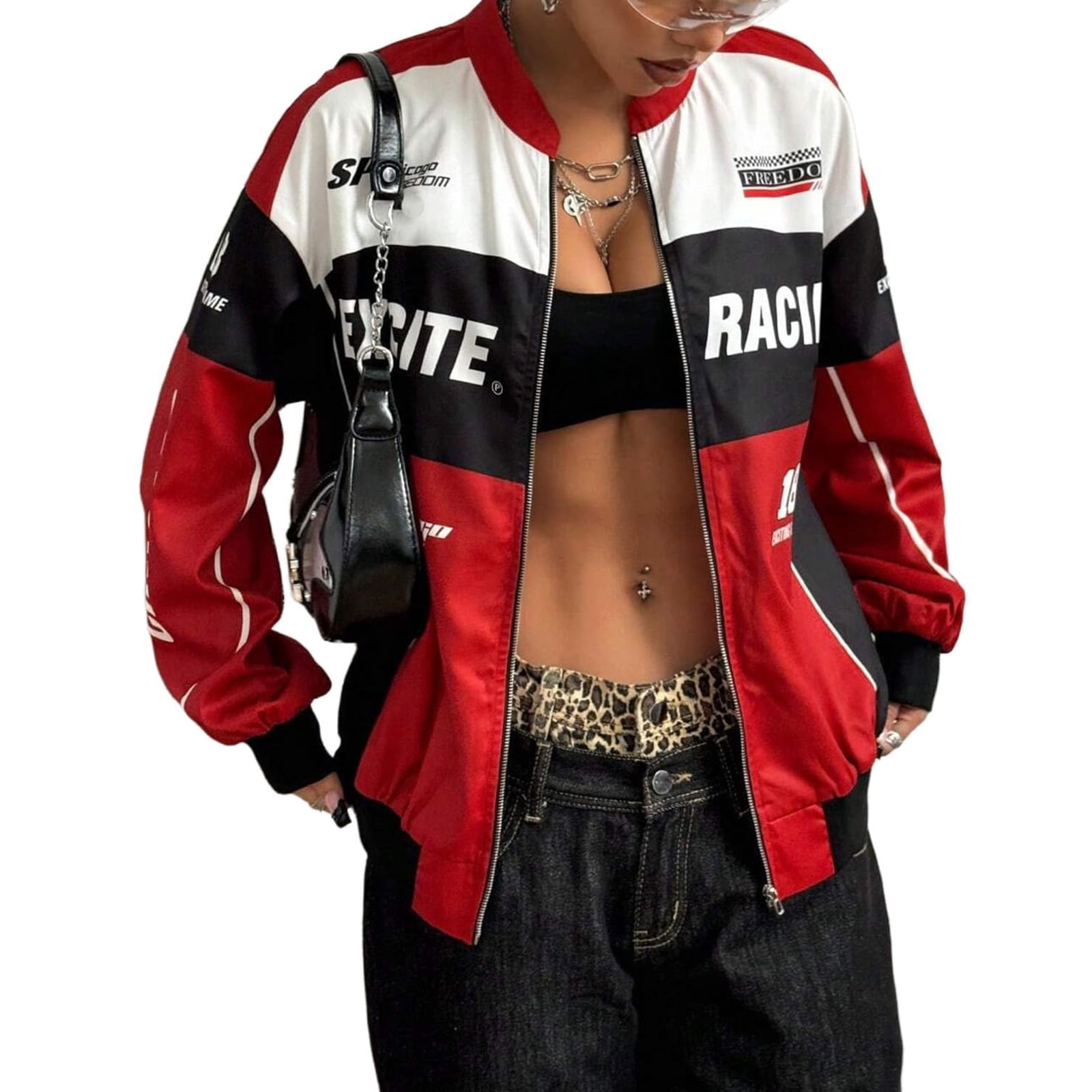 EANJE Race Car Driver Jacket Women Vintage Zip Up Color Block Bomber ...