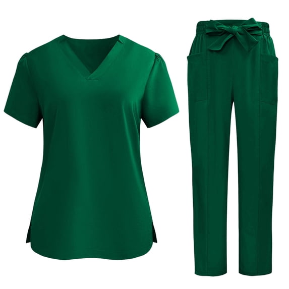 EANJE Scrubs Sets for Women Solid Quick-Dry Breathable Short Sleeve V-Neck Top & Straight-Leg Work Pants Medical Nurse Uniform with Pockets Dark Green M
