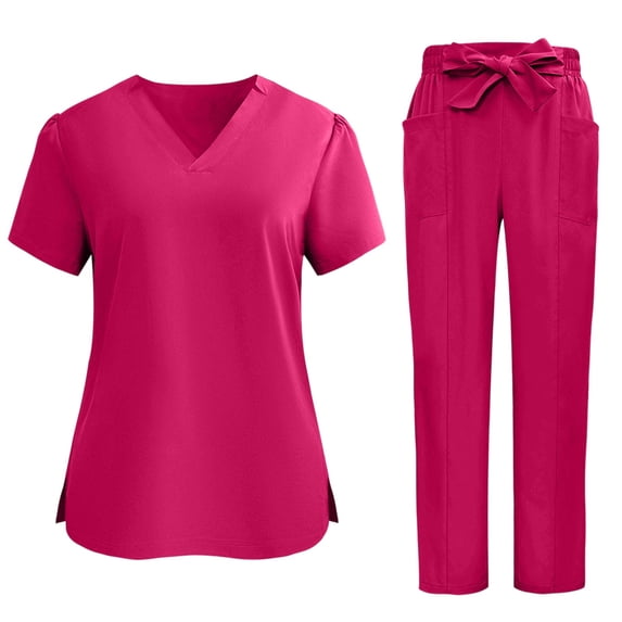 EANJE Scrubs Sets for Women Solid Quick-Dry Breathable Short Sleeve V-Neck Top & Straight-Leg Work Pants Medical Nurse Uniform with Pockets Hot Pink L