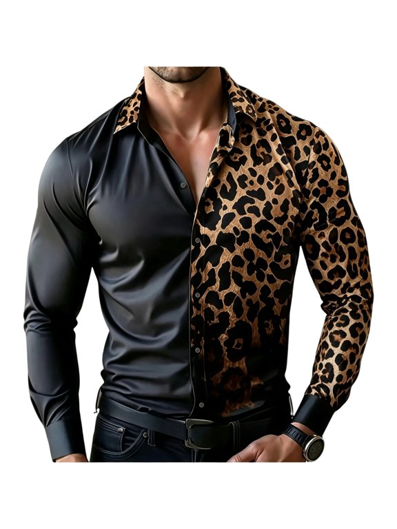 Shirts for Men Long Sleeve Button Front Leopard Print Slim Fit Shirt, Trendy Color Block Casual Shirt for Party Night Club Street Wear Coffee 3XL