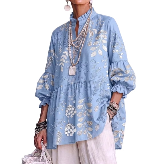 Popular 043 EANJE Shirts for Women Printed Ruffle Stand Collar Blouse, 3/4 Lantern ...