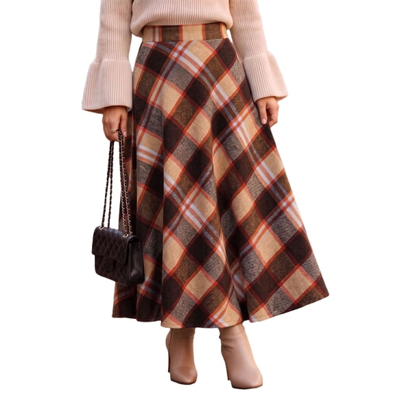 EANJE Skirts for Women High Waist Plaid A-Line Maxi Skirt with Pockets Vintage Fall Style Red L