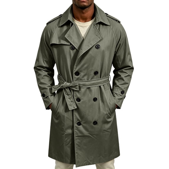 EANJE Trench Coat for Men Double Breasted Mid Length Jacket Casual Belted Overcoat Notched Lapel Windbreaker Spring Fall Daily Wear Army Green M