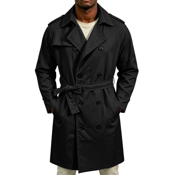 EANJE Trench Coat for Men Double Breasted Mid Length Jacket Casual Belted Overcoat Notched Lapel Windbreaker Spring Fall Daily Wear Black M