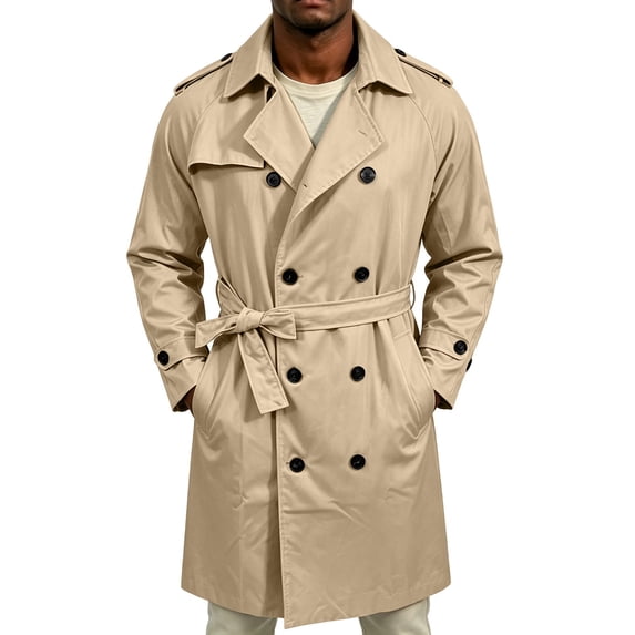 EANJE Trench Coat for Men Double Breasted Mid Length Jacket Casual Belted Overcoat Notched Lapel Windbreaker Spring Fall Daily Wear Khaki XL
