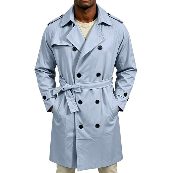 EANJE Trench Coat for Men Double Breasted Mid Length Jacket Casual Belted Overcoat Notched Lapel Windbreaker Spring Fall Daily Wear Light Blue L