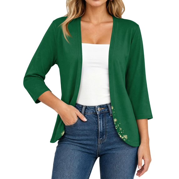 EANJE Women Christmas Graphic Open Front Cardigan, 3/4 Sleeve Loose Lightweight Shrug, Casual Printed Thin Knit Layering Top Dark Green L