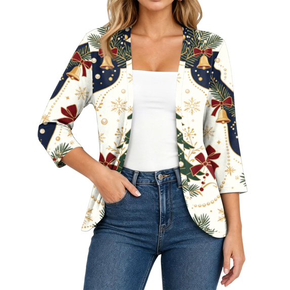 EANJE Women Christmas Graphic Open Front Cardigan, 3/4 Sleeve Loose Lightweight Shrug, Casual Printed Thin Knit Layering Top Multicolor S
