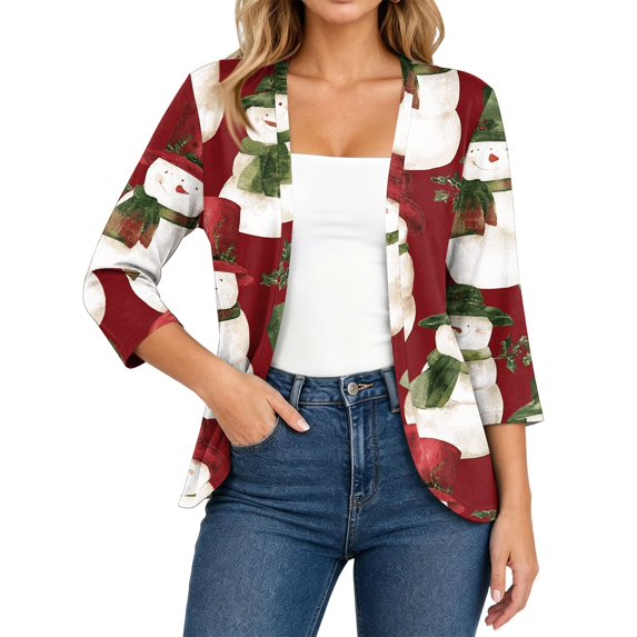EANJE Women Christmas Graphic Open Front Cardigan, 3/4 Sleeve Loose Lightweight Shrug, Casual Printed Thin Knit Layering Top Red L