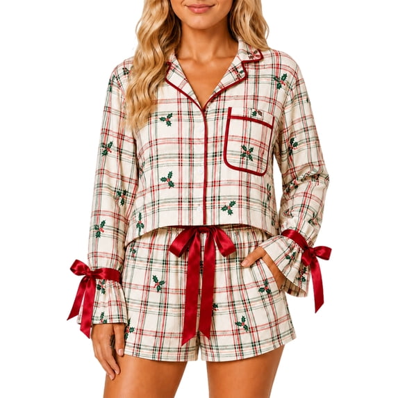 EANJE Women Christmas Satin Pajama Set Christmas Holiday Pajama Sets 2 Piece Satin Nightwear Button Down V‑neck Long Sleeve Tops Short Sleeve Shorts Brown S