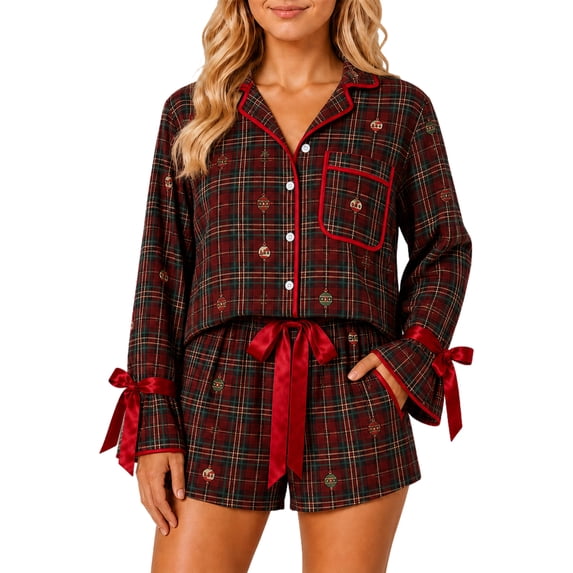 EANJE Women Christmas Satin Pajama Set Christmas Holiday Pajama Sets 2 Piece Silk Nightwear Button Down V‑neck Long Sleeve Top Short Sleeve Shorts Blue 3XL