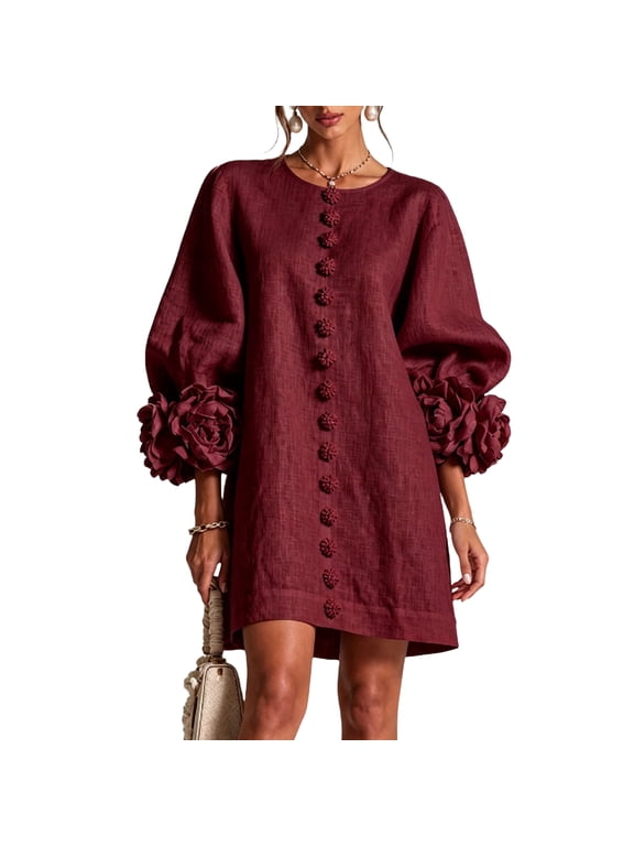 Women Cotton Linen Mini Dress, Lantern Long Sleeve 3D Floral Decor Shift Dress, Round Neck Button Front French Style Dress For Casual Holiday Deep Red M