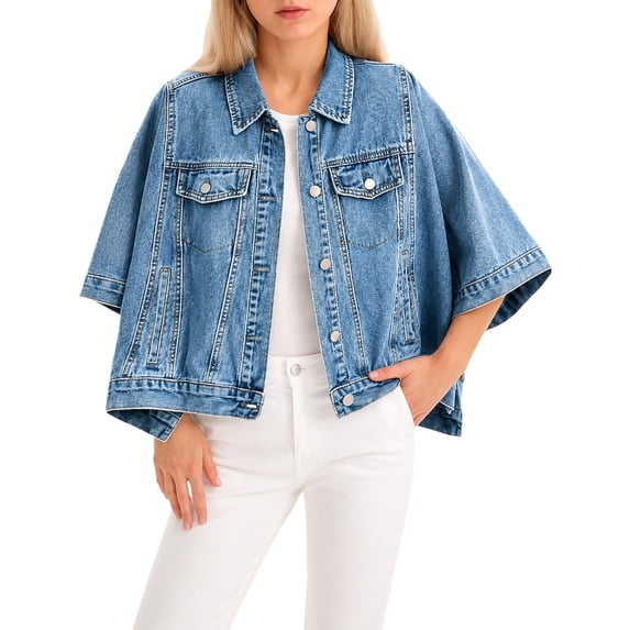 EANJE Women Cropped Denim Jacket, Batwing Short Sleeve Button Down Casual Outerwear Blue XL
