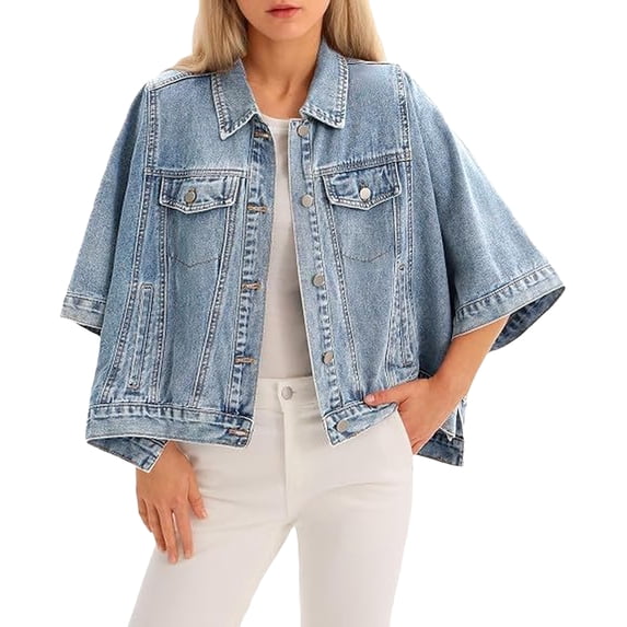 EANJE Women Cropped Denim Jacket, Batwing Short Sleeve Button Down Casual Outerwear Light Blue M