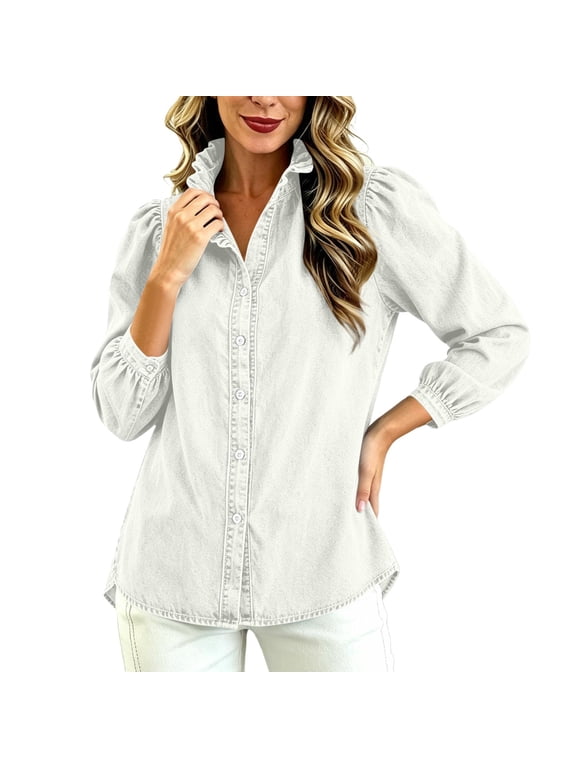 Women Denim Blouse, Ruffle VCollar 3/16 Sleeve Button Front Drawstring Hem Casual Chambray Shirt Tops White M