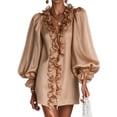 Satin Robe Short Lantern EANJE Women Satin Mini Dress, Deep V‑Neck Ruffle Trim Lantern Puff Long ...