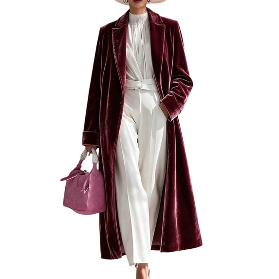 EANJE Women Velvet Coat, Lapel Collar Open‑Front Design, Over‑Knee Maxi Velvet Outer Jacket, Soft Velvet Material, Loose Elegant Silhouette for Fall Winter Styling Wine S