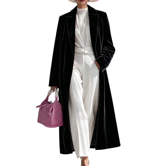 EANJE Women Velvet Coat, Lapel Collar Open‑Front Design, Over‑Knee Maxi Velvet Outer Jacket, Soft Velvet Material, Loose Elegant Silhouette for Fall Winter Styling Black XL