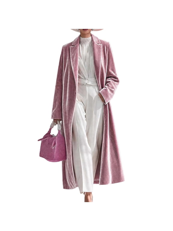 Women Velvet Coat, Lapel Collar Open‑Front Design, Over‑Knee Maxi Velvet Outer Jacket, Soft Velvet Material, Loose Elegant Silhouette for Fall Winter Styling Pink M