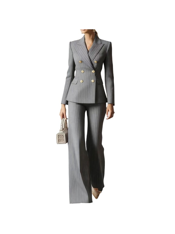 Women's 2 Piece Suit, Thin Striped Long Sleeve Peak Lapel Blazer, High Waist Flared Trousers, Elegant Tailored Business Suit for Daily Office Wear Gray L