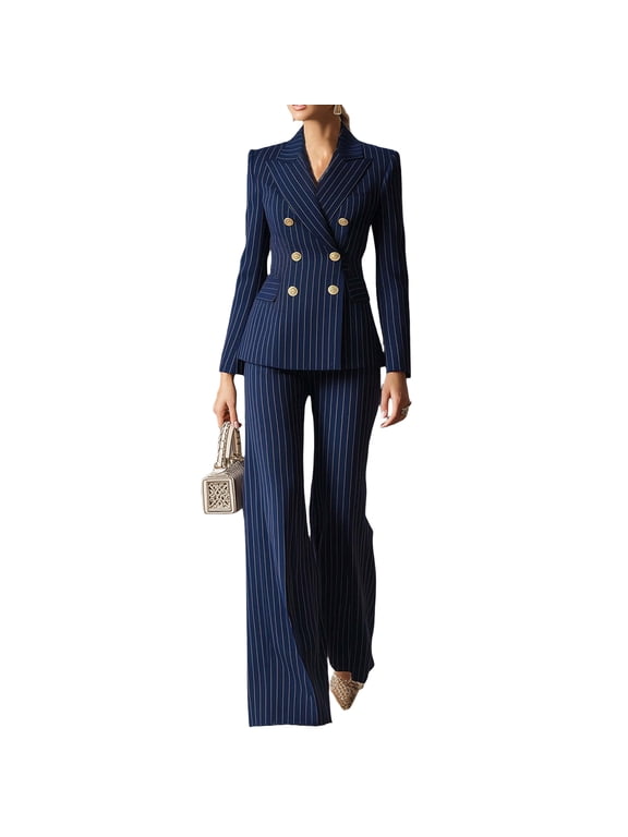 Women's 2 Piece Suit, Thin Striped Long Sleeve Peak Lapel Blazer, High Waist Flared Trousers, Elegant Tailored Business Suit for Daily Office Wear Navy XL