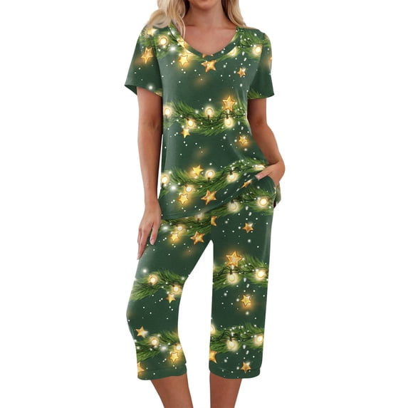 EANJE Women's Christmas Print Pajamas Set 2-Piece Short Sleeve Tops Capri Pants Cheerful Christmas Lounge Wear Home Nightwear Green M