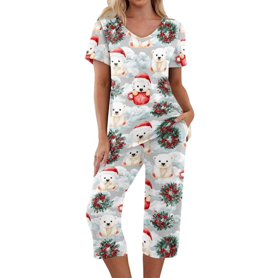 EANJE Women's Christmas Print Pajamas Set 2-Piece Short Sleeve Tops Capri Pants Cheerful Christmas Lounge Wear Home Nightwear Multicolor L