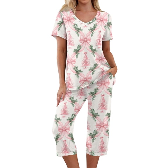 EANJE Women's Christmas Print Pajamas Set 2-Piece Short Sleeve Tops Capri Pants Cheerful Christmas Lounge Wear Home Nightwear Pink XL