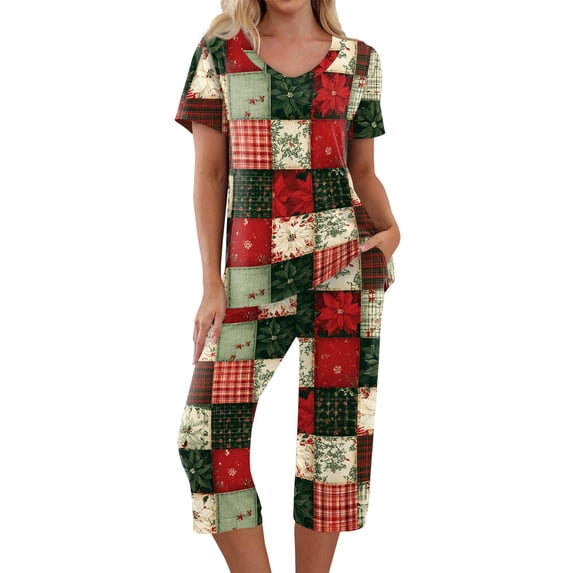 EANJE Women's Christmas Print Pajamas Set 2-Piece Short Sleeve Tops Capri Pants Cheerful Christmas Lounge Wear Home Nightwear Red XL