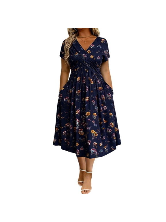 Women's Floral Dress, A Line V Neck Short Sleeve Midi Dress, Twist Front Ruched Waist Flowy Dress with Pockets for Summer Brunch Daily Wear Navy M