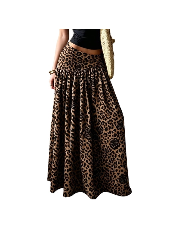 Women's Maxi Skirt, Boho Animal Print Long Skirt, Elastic Waistband, Loose Flowy A Line Hem, Casual Maxi Skirt for Weekend Outings Leopard Print L