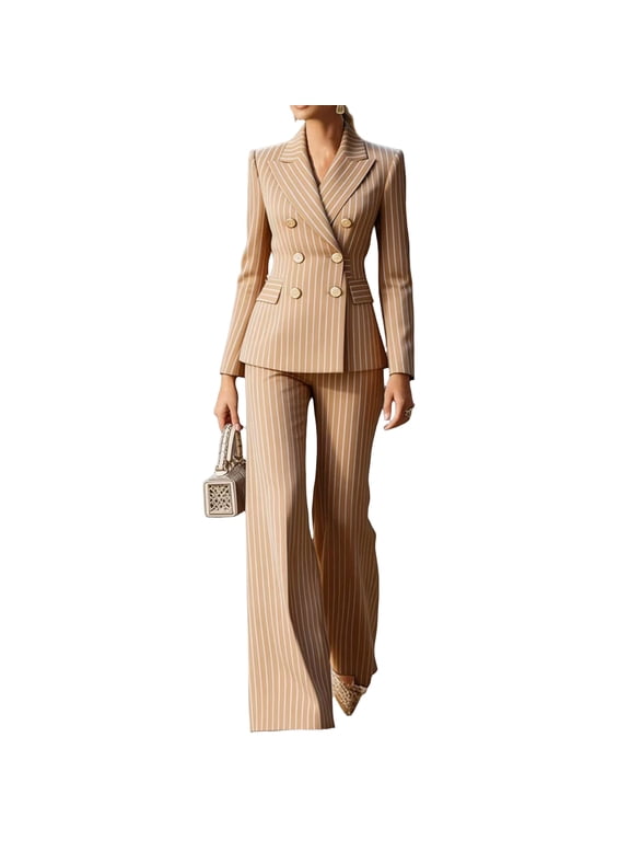 Women's Navy Thin Pinstripe Double Breasted Two-Piece Business Suit Peak Lapel Blazer & High Waist Flared Wide Leg Pants Beige 2XL