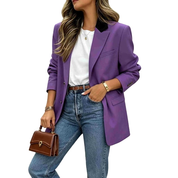 EANJE Women's Solid Casual Office Work Long Sleeve Open Front Blazer Jacket Purple XL