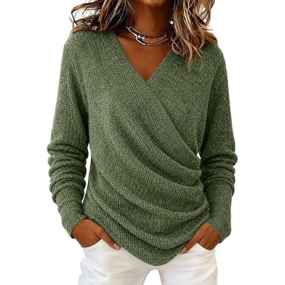 EANJE Women's Solid Color Long Sleeve Sexy Wrap Sweater Long Sleeve V‑Neck Knit Cross Front Pullover Top, Ruched Casual Knitwear For Autumn Winter Green L