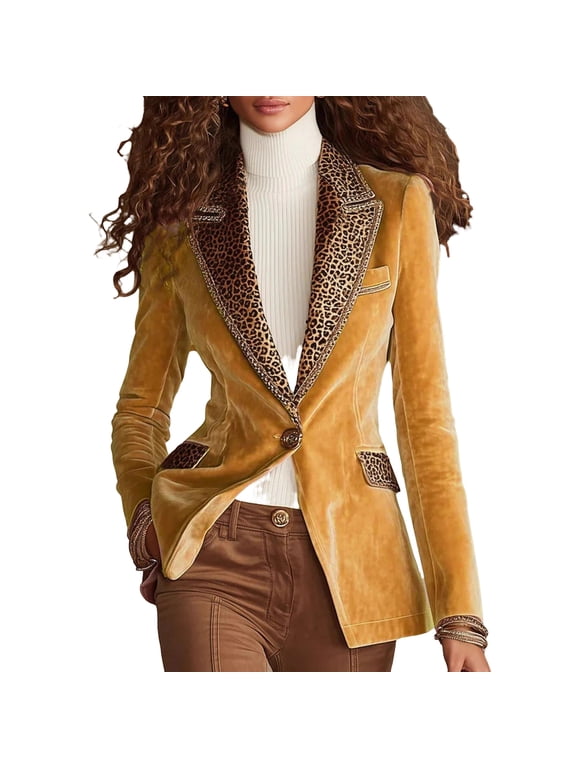 Women's Velvet Blazer, Pocketed Notched Lapel Long Sleeve Suit Jacket, Patchwork Leopard Print Trim Button Blazer for Formal Office Wear Yellow XL