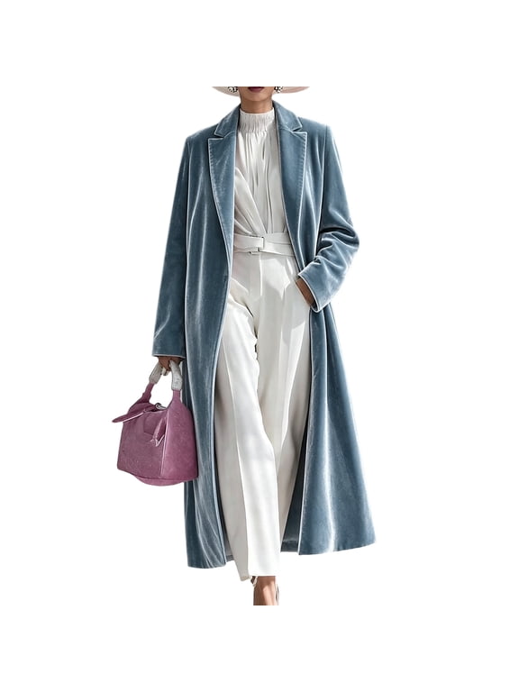 Women’s Velvet Coats, Lapel Collar Open‑Front Long Duster Coat, Over‑Knee Velvet Outer Jacket, Relaxed Elegant Fit for Daily Commute and Dress‑Up Winter Looks Blue L