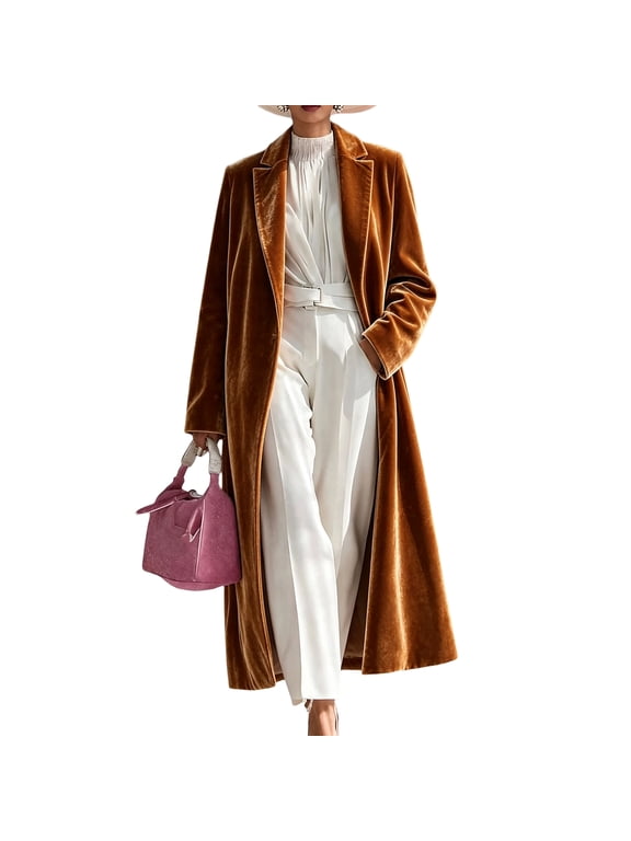 Women’s Velvet Coats, Lapel Collar Open‑Front Maxi Outerwear, Over‑Knee Long Silky Velvet Jacket, Elegant Relaxed Silhouette for Fall Winter Daily Dress‑Up Occasions Light Brown XL
