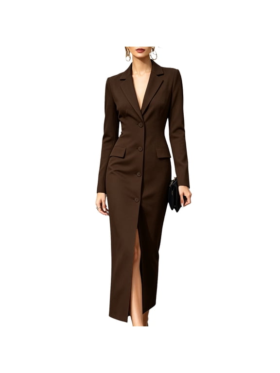 Women's Waist Cinched Blazer Dress, V Neck Long Sleeve Single Breasted Slit Midi Dress, Bodycon Slim Fit Work Office Business Daily Dress Brown XL