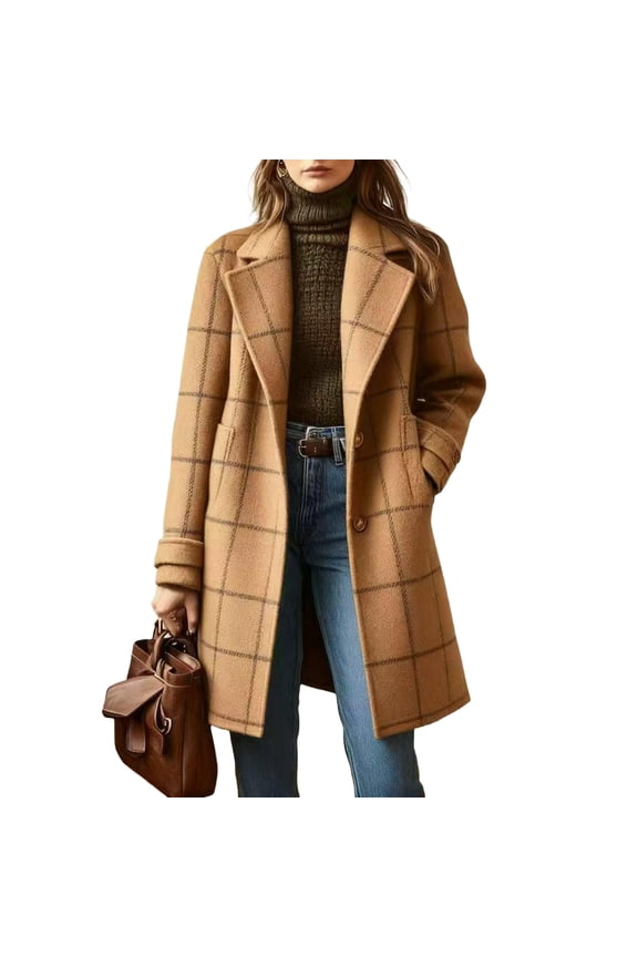 Women's Winter Notched Collar Plaid Wool Trench Coat Button Down Mid Long Overcoat Outerwear Camel M
