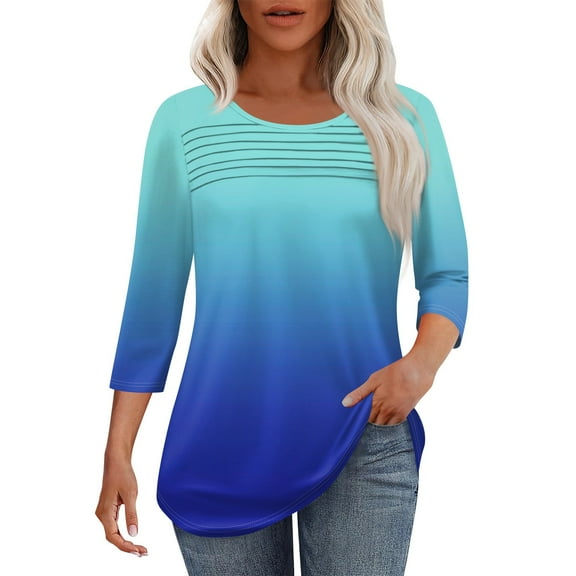 EANJE Womens 3/4 Length Sleeve Tunic Tops Fashion Fall Crewneck Shirt Pleated Front Top and Blouse Gradient Print Dressy Casual Petite Clothes Blue XL