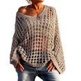 thumbnail image 1 of EANJE Womens Casual Knit Sweater Long Sleeve Crochet Pullovers, Hollow Out Fishnet Sheer Mesh Beach Cover Up Oversized Loose Perspective Knit Shirt Khaki L, 1 of 5