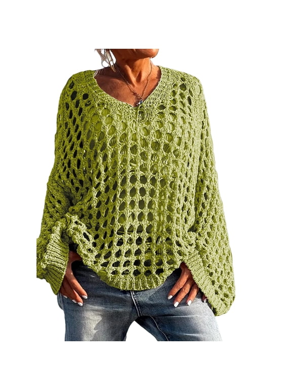 Womens Casual Knit Sweater Long Sleeve Crochet Pullovers, Hollow Out Fishnet Sheer Mesh Beach Cover Up Oversized Loose Perspective Knit Shirt Light Green XL