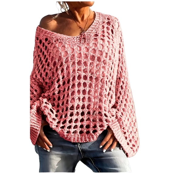 EANJE Womens Casual Knit Sweater Long Sleeve Crochet Pullovers, Hollow Out Fishnet Sheer Mesh Beach Cover Up Oversized Loose Perspective Knit Shirt Pink M