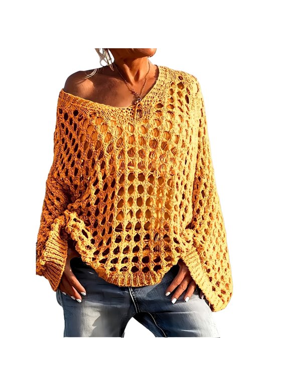 Womens Casual Knit Sweater Long Sleeve Crochet Pullovers, Hollow Out Fishnet Sheer Mesh Beach Cover Up Oversized Loose Perspective Knit Shirt Yellow XL