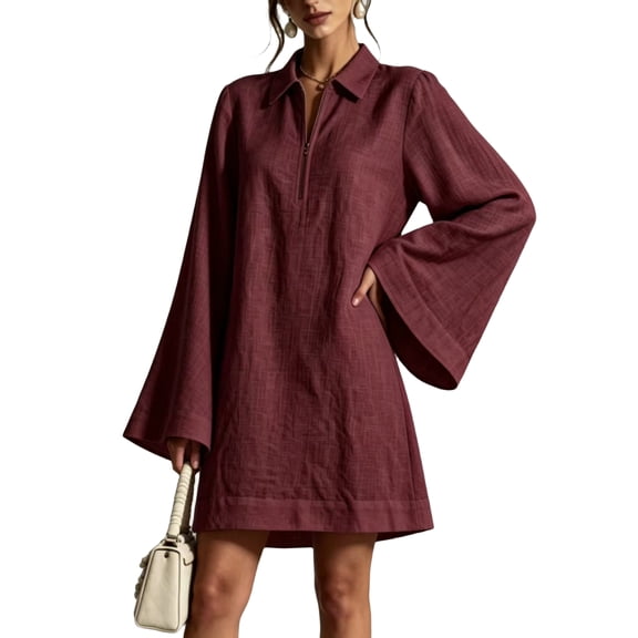 EANJE Womens Dresses Collared V‑neck Flare Long Sleeve Mini Dresses Solid Color Tunic Cut Dresses Loose Fit Chic Spring Daily Clothing Wine S
