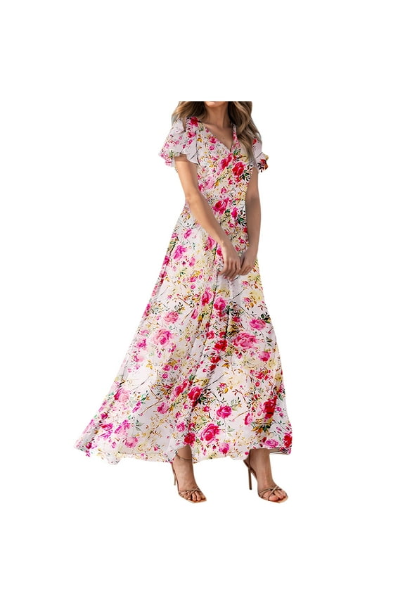Womens Dresses Dressy Casual Short Sleeve V Neck Vacation Beach Dress Plus Size Floral Maxi Garden Dresses Pink L
