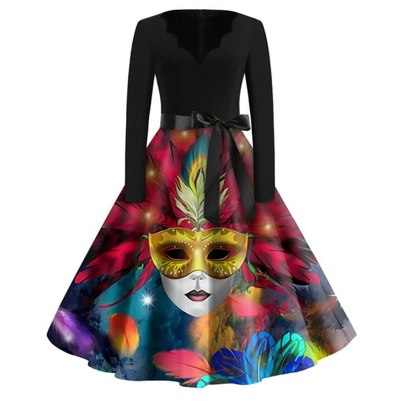 EANJE Mardi Gras Dresses for Women Plus Size Mask Print Dress Mardi Gras Party Dress V Neck Long Sleeve Vintage Dresses Mardi Gras Mask Hepburn Swing Dress Multicolor L